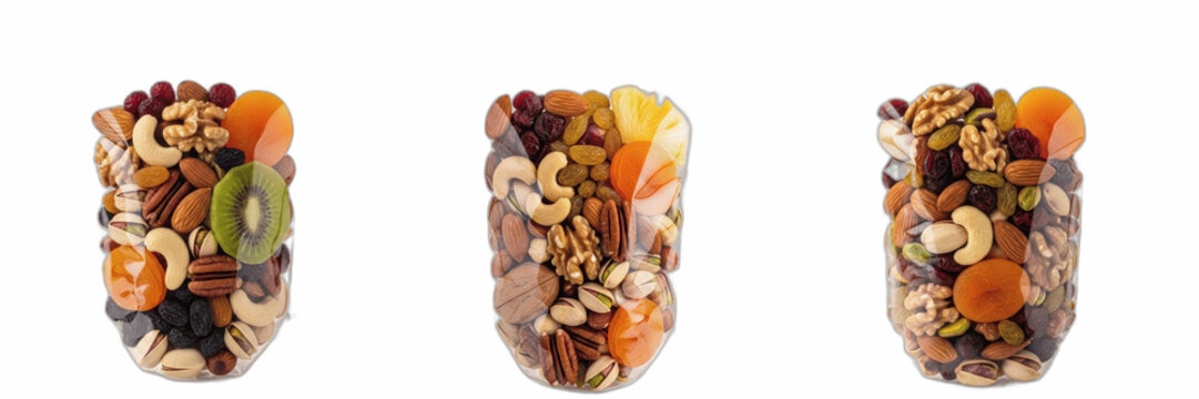 Isolated set of fresh organic raw mixed nut and dried fruit trail mixes in plastic packages on white background, healthy energetic snack food collection for weight loss nutrition concept