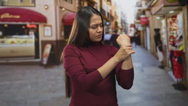 Woman grips wrist and rubs it while standing by narrow street storefronts, wearing burgundy turtleneck; discomfort concern.