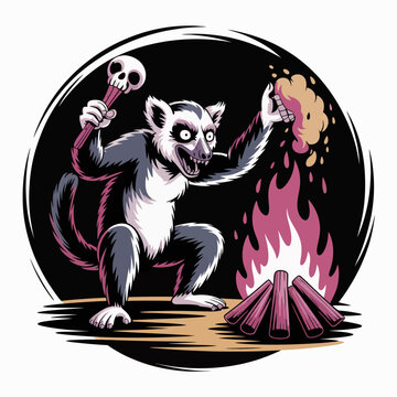 Lemur holding skull by campfire.