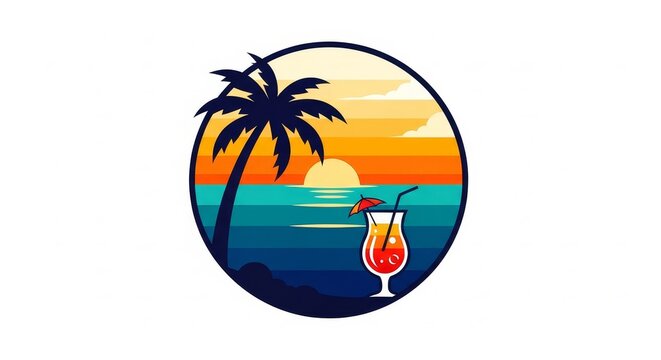 Travel - Tropical Beach Sunset Circular Logo with Palm Tree Silhouette and Colorful Cocktail Drink