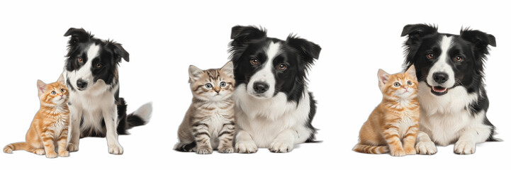 Isolated set of cute small domestic border collie puppy dogs sitting with fluffy tabby kittens on white background, friendly companion pet animal collection for veterinary health clinic concept © Stock