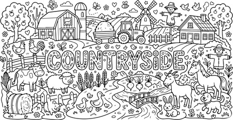 Fototapeta premium countryside animals cartoon outline hand drawn Line Art illustration doodle art coloring page for kids