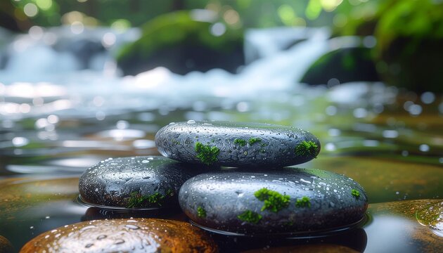 Stacked smooth river stones with moss in a lush tropical forest stream creating natural negative space for design and composition