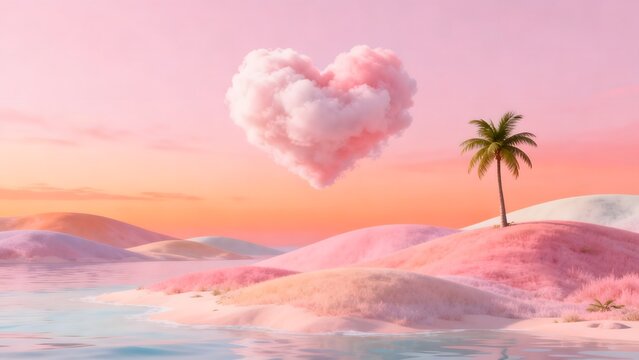 Heartshaped cloud over pink beach