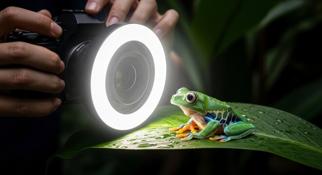 Frog on leaf with camera flash.