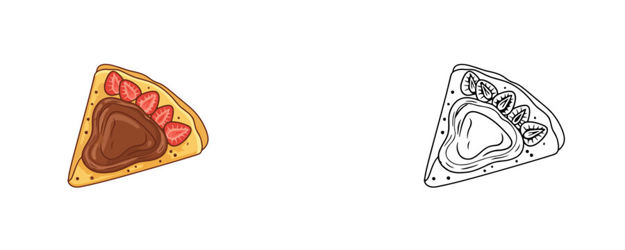 Tasty strawberry chocolate crepe illustrations in flat color and black line styles represents french dessert street food snack isolated on white background