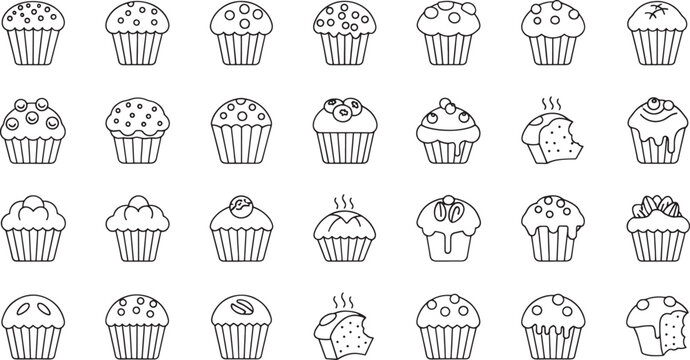 Black and white sketched cupcakes with various toppings in a grid pattern