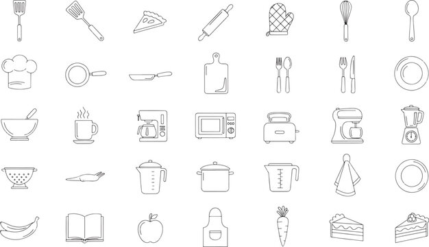 Black and white sketched kitchen utensils and appliances set