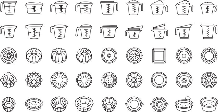 Black and white sketched kitchen utensils and food preparation measuring cups graters