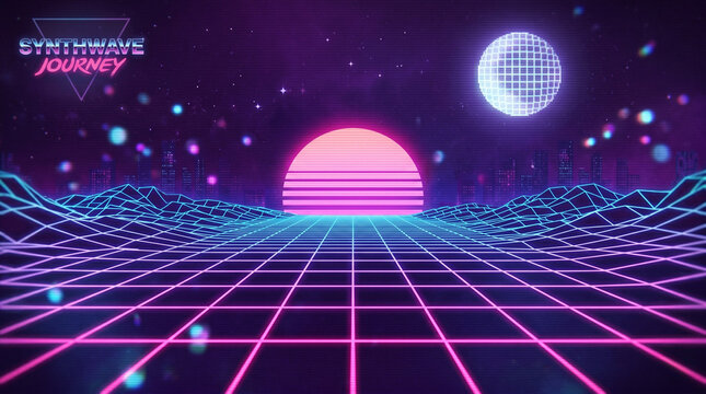 Retro 1980s synthwave background with neon wireframe grid and glowing sun