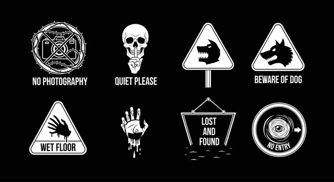 Collection of eight distinct warning and informational signs in a grunge, distressed style.