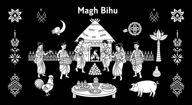 Magh Bihu Festival Celebration with Traditional Assamese Elements.