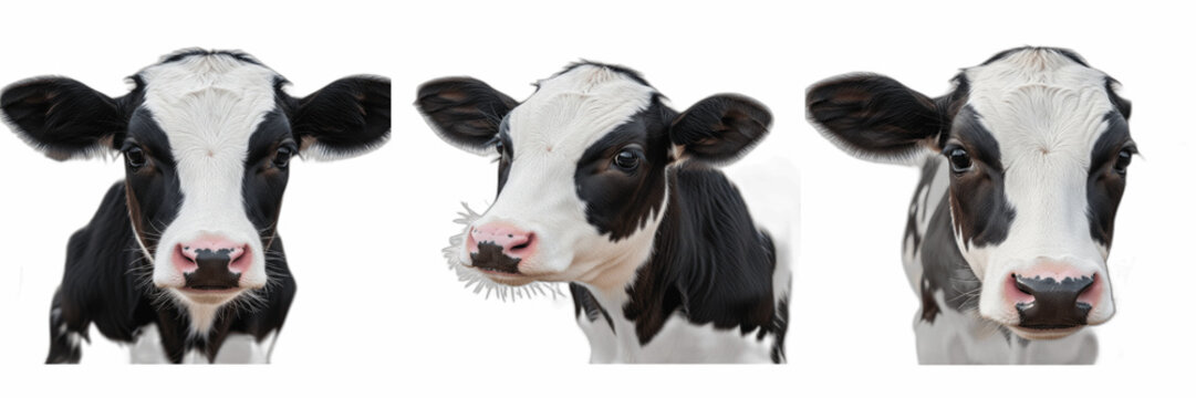Isolated set of domestic black and white holstein cattle dairy cow faces on white background, 3d organic milk agriculture farm animal livestock muzzle collection for product branding concept