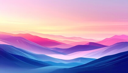 Obraz premium A colorful, stylized landscape depicts layered mountain ranges under a vibrant sky