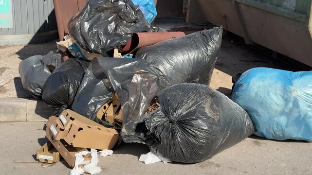 Piles trash bags scattered near dumpster, rusted iron container at side, blue and black sacks strewn across asphalt, residential