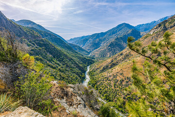 Obraz premium A high angle panoramic view of the Kings River flowing through a lush mountain valley gorge along Kings Canyon Scenic Byway, California.