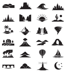 Fototapeta premium Collection of nature and travel landscape silhouette icons featuring mountains, ocean waves, forests, waterfalls, deserts, volcanoes, islands, hot air balloons and scenic landmarks