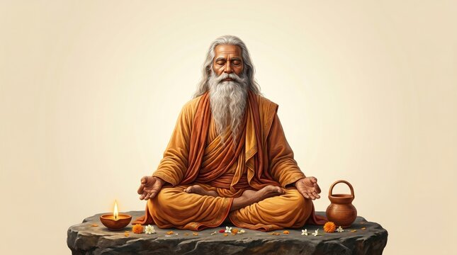 Elderly indian sage with long guru purnima white beard meditating in lotus position on a stone with oil lamp and pot