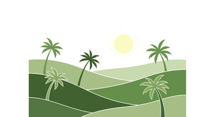 Obraz premium Stylized Green Landscape with Palm Trees and Sun, Minimalist Tropical Illustration