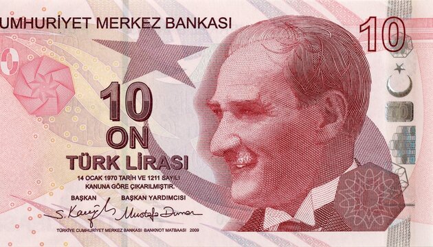 Turkey 10 liras 2009, Mustafa Kemal Ataturk portrait. Turkish money currency close up
