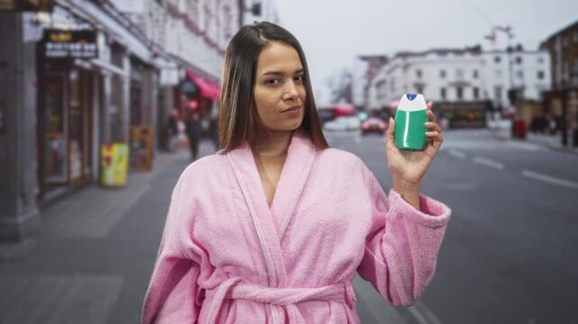 Woman brunette in a pink bathrobe holds a green toothpaste bottle in her right hand on a city street, inspecting the label; calm self care.