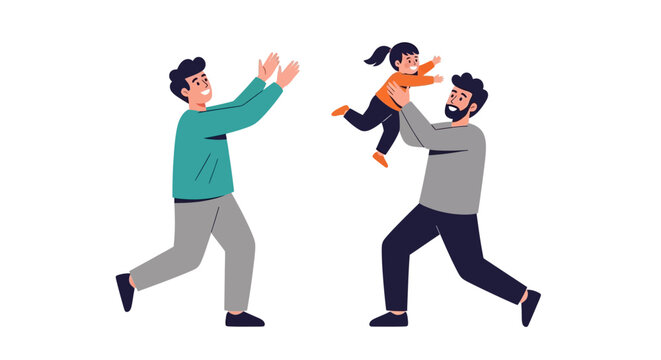 Two men playfully fighting over a child.