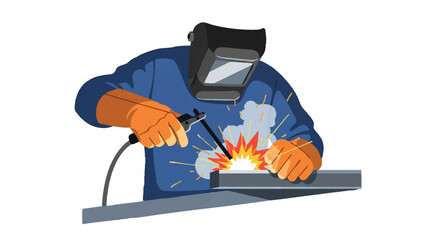 Naklejka premium Industrial Welder in Protective Gear Welding Metal Beam Vector Illustration