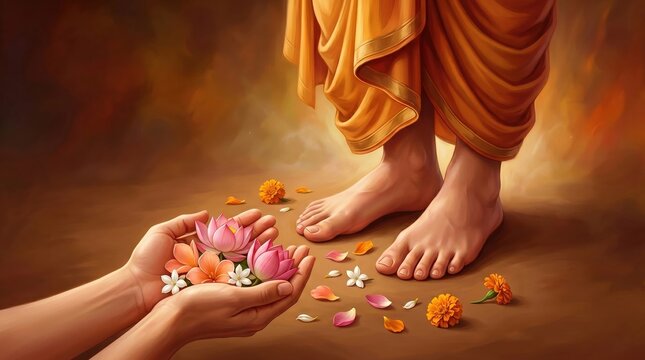 Hands offering fresh lotus flowers to the feet of a spiritual master in a traditional act of sacred guru purnima