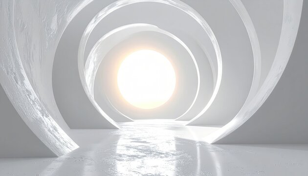 A bright, white architectural tunnel opens to a luminous light