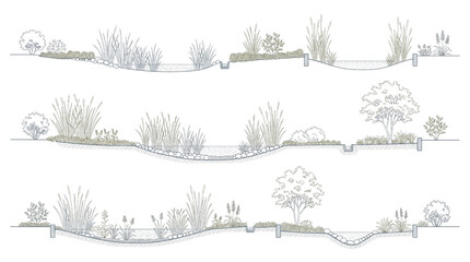 Fototapeta premium Detailed CAD concept drawing of sustainable landscape design with bio-swale and native planting features