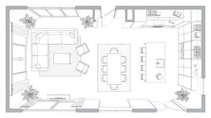 Fototapeta premium Modern Open Plan Living and Dining Area Floor Plan CAD Design