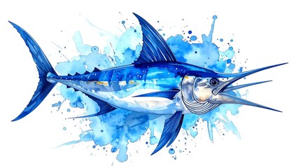 Fototapeta premium A vibrant watercolor illustration of a blue marlin fish, splashing in blue hues