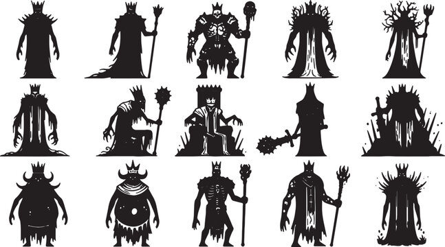 Silhouette collection of fantasy dark kings and undead lords wearing crowns and holding staves, including skeletal warriors, necromancers, and evil rulers on thrones isolated on white.
