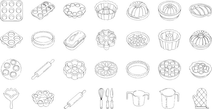 Collection of baking molds and kitchen utensils line pans tins cake molds