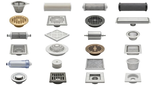 Plumbing Hardware Assortment: A comprehensive collection of various plumbing fixtures and hardware, including drain covers, strainers, and pipes.