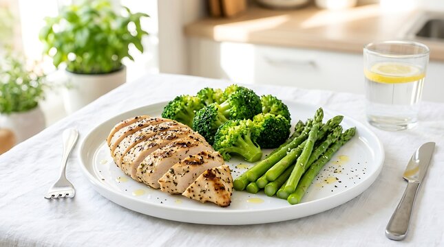 A tender, sliced grilled chicken breast served alongside steamed broccoli and asparagus on a clean white plate