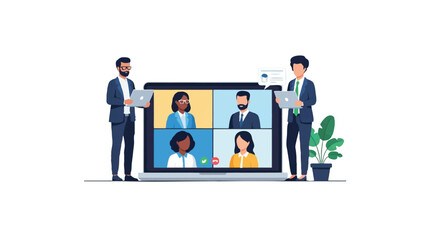 Fototapeta premium Remote Team Having Virtual Meeting and Video Conference on Laptop. Flat Vector Illustration of Global Business Collaboration and Online Communication.