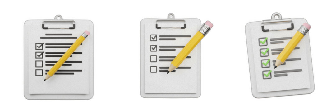 Isolated clipboard document with pencil and task checklist boxes on white background, 3d survey questionnaire representation for project management, office routine and audit report concept