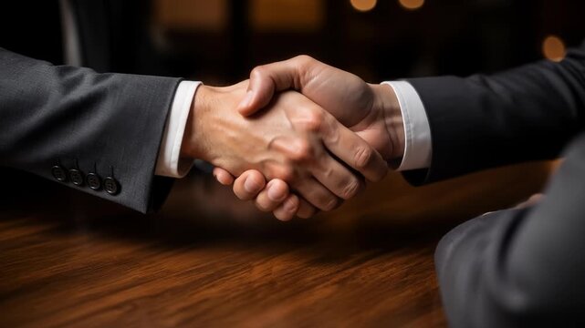 Two business professionals in matching charcoal grey suits share a firm, steady handshake across a polished wooden table, symbolizing agreement and partnership.