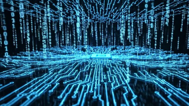 Futuristic CPU Microchip Processing Binary Code on Glowing Blue Circuit Board, Camera Zooming Out