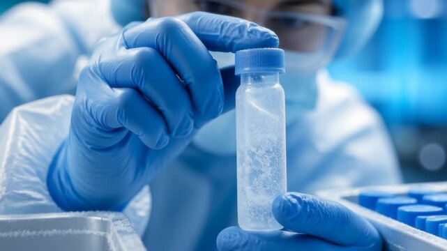 Scientist in sterile lab suit and blue gloves carefully rotates a small vial, examining contents with focus in a bright, modern laboratory.