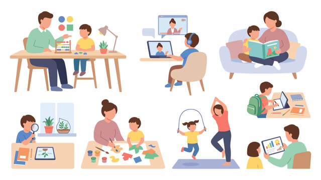 Families and children engaged in remote learning activities at home.