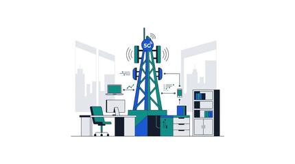 Naklejka premium 5G network tower integrated into office workstation area.