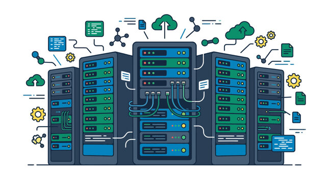 Array of server cabinets with integrated technology symbols.