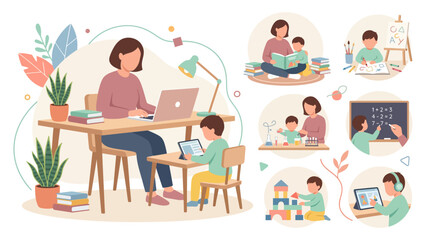 Fototapeta premium Parent and child remote learning at home with laptop and study activities.