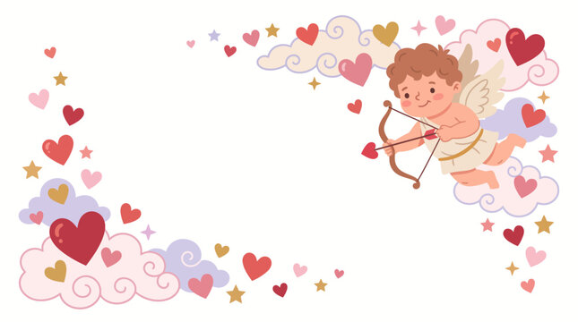 A cherub with a bow and arrow flies through a whimsical scene of hearts and stars.