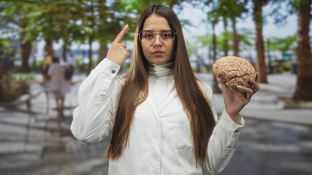 Woman holds anatomical brain in right hand and points finger to temple on a tree lined street wearing white lab coat and glasses; curiosity education.