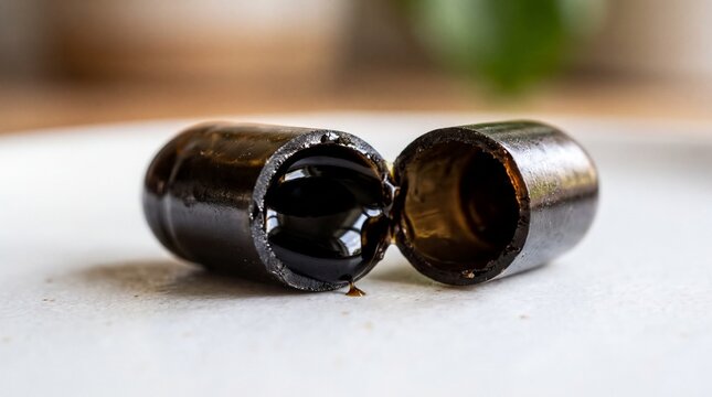 nutritional supplements, a close-up view of a partially filled black softgel containing vibrant oil