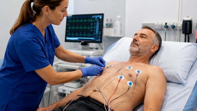 A man in a hospital bed being treated by a nurse , preparing for an ekg test 