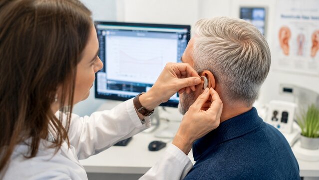 A man getting fitted for a hearing aid